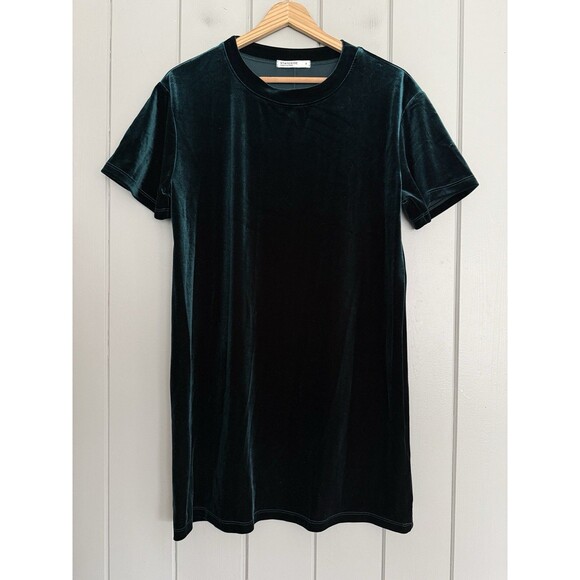 Anthropologie Stateside Mini T-Shirt Dress S Small Forest Green Velvet S/S - Picture 1 of 5